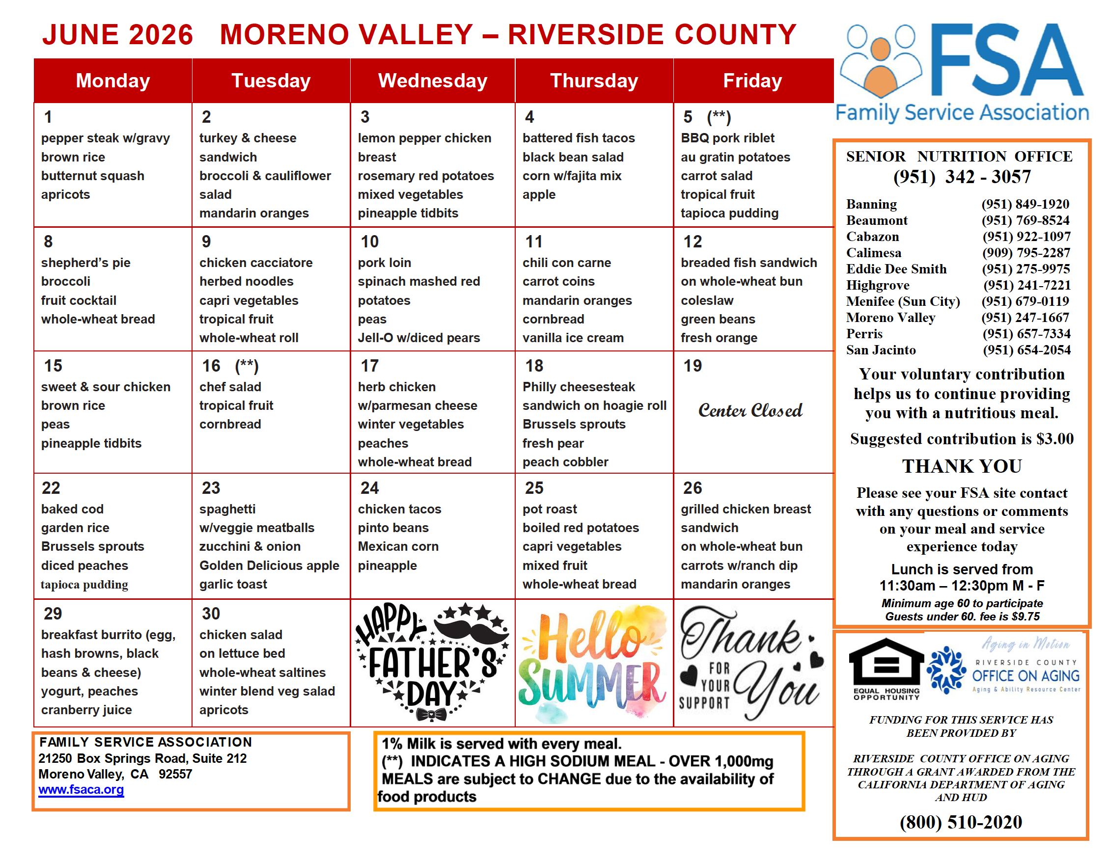 Senior Hot Lunch Menu